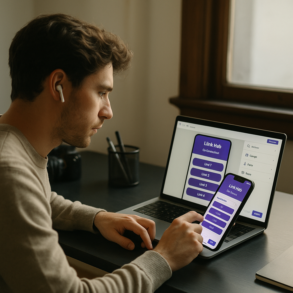 Content creator designing creator link pages on a smartphone and laptop at a modern workspace.