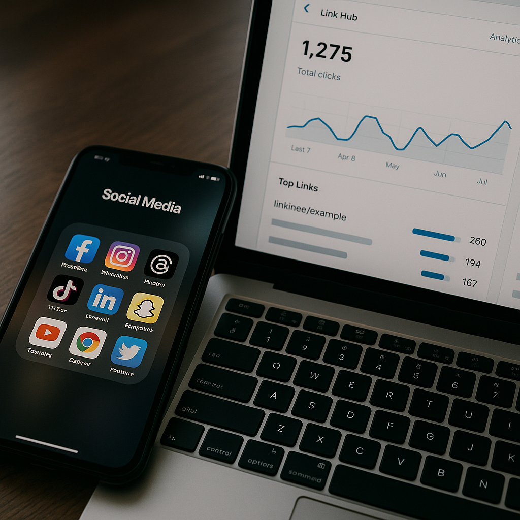 Analytics dashboard for creator link pages displayed on a laptop beside a smartphone with social media apps.