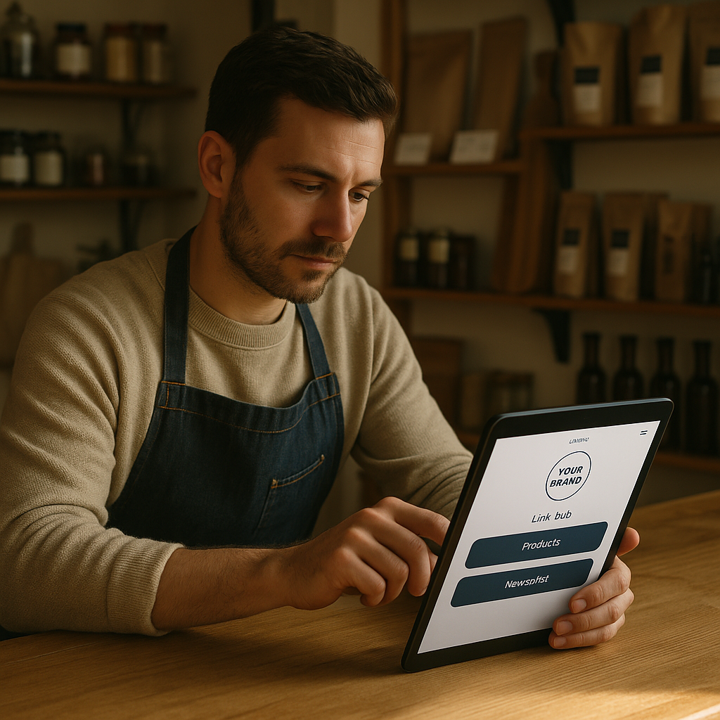 Small business owner updating branded creator link pages on a tablet with product and newsletter buttons.