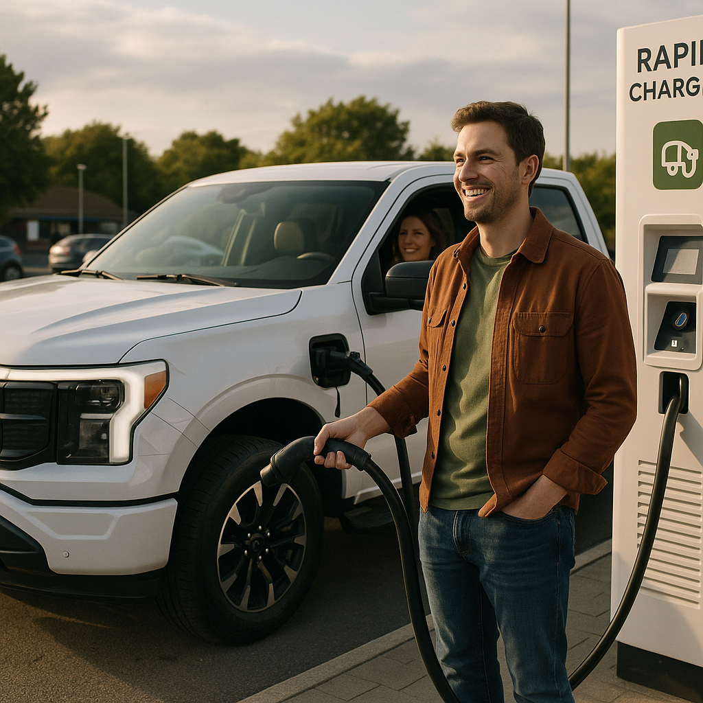 Driver charging one of several electric pickup trucks at a motorway service station rapid charger.