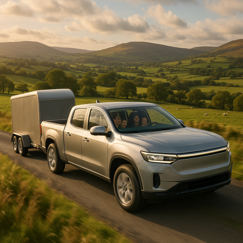 Family travelling in one of the latest electric pickup trucks while towing a trailer through the countryside.