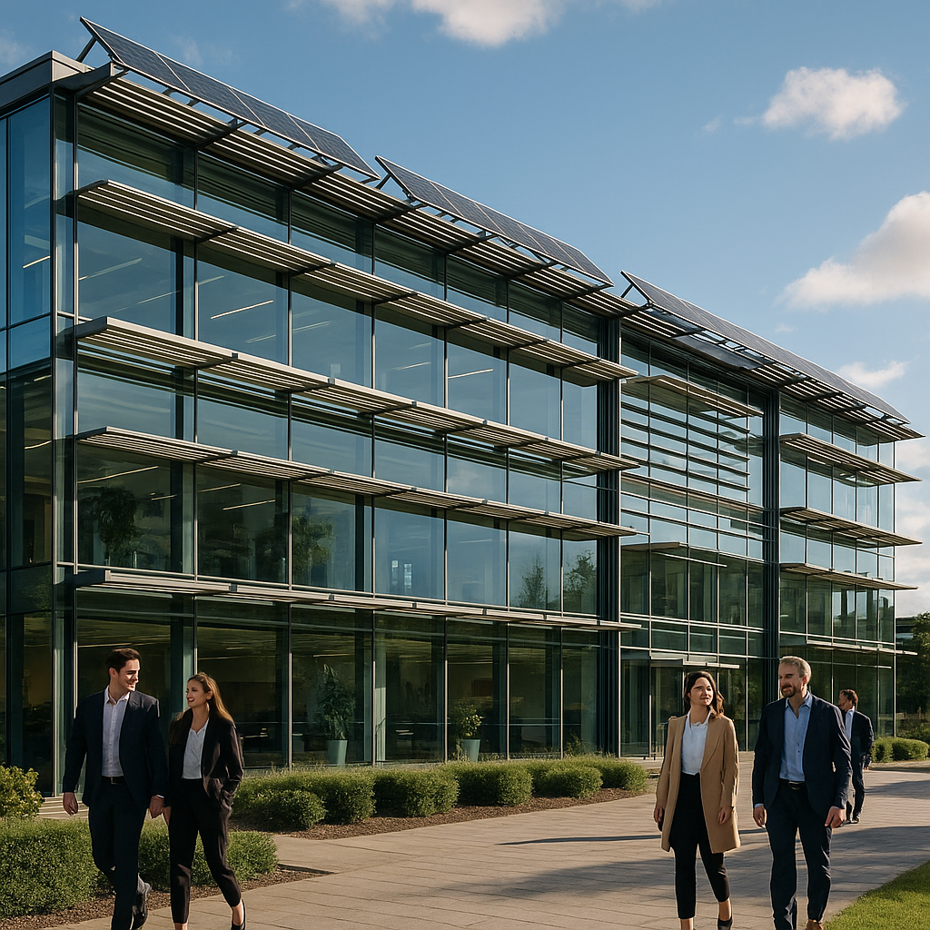 Modern UK office showcasing energy efficient buildings with glass facade and sustainable design features.