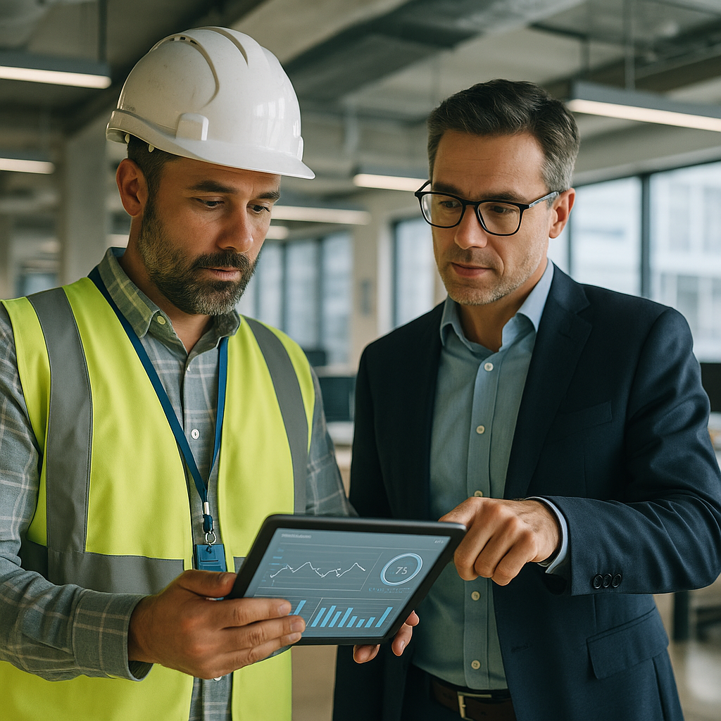 Business leaders reviewing performance data inside energy efficient buildings in a bright open-plan office.