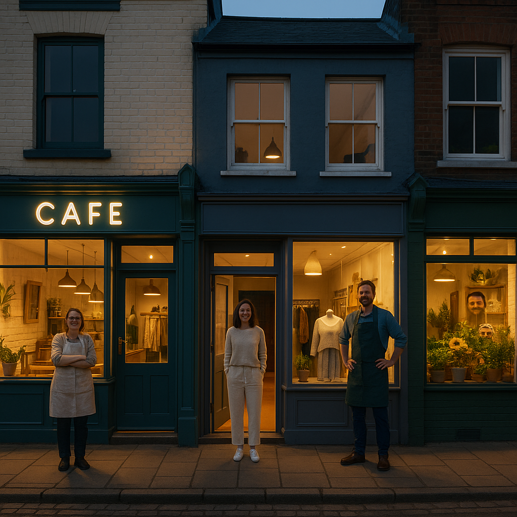 UK high street scene with refurbished shops operating in energy efficient buildings to reduce running costs.