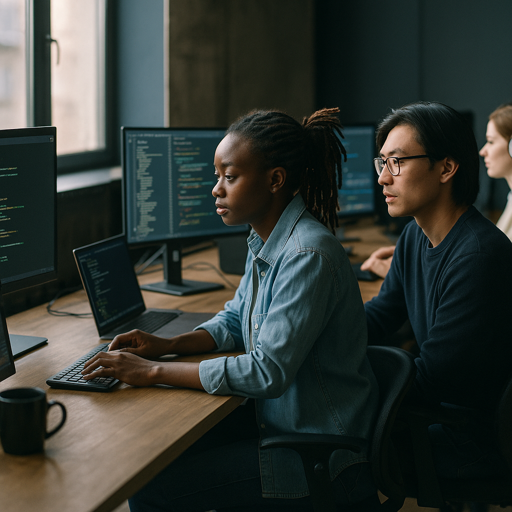 UK tech workers in a co-working space exploring new roles after tech layoffs