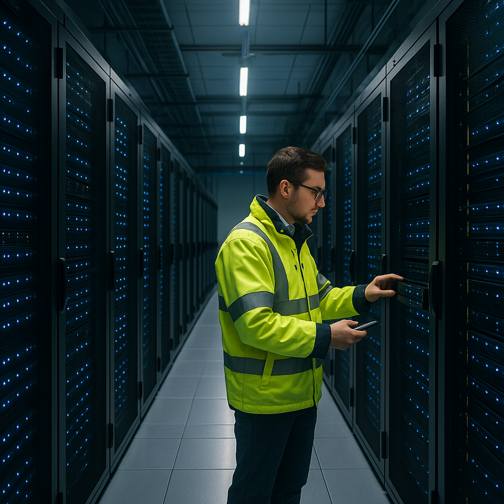 Technician working among server racks inside a facility during the UK data centre boom