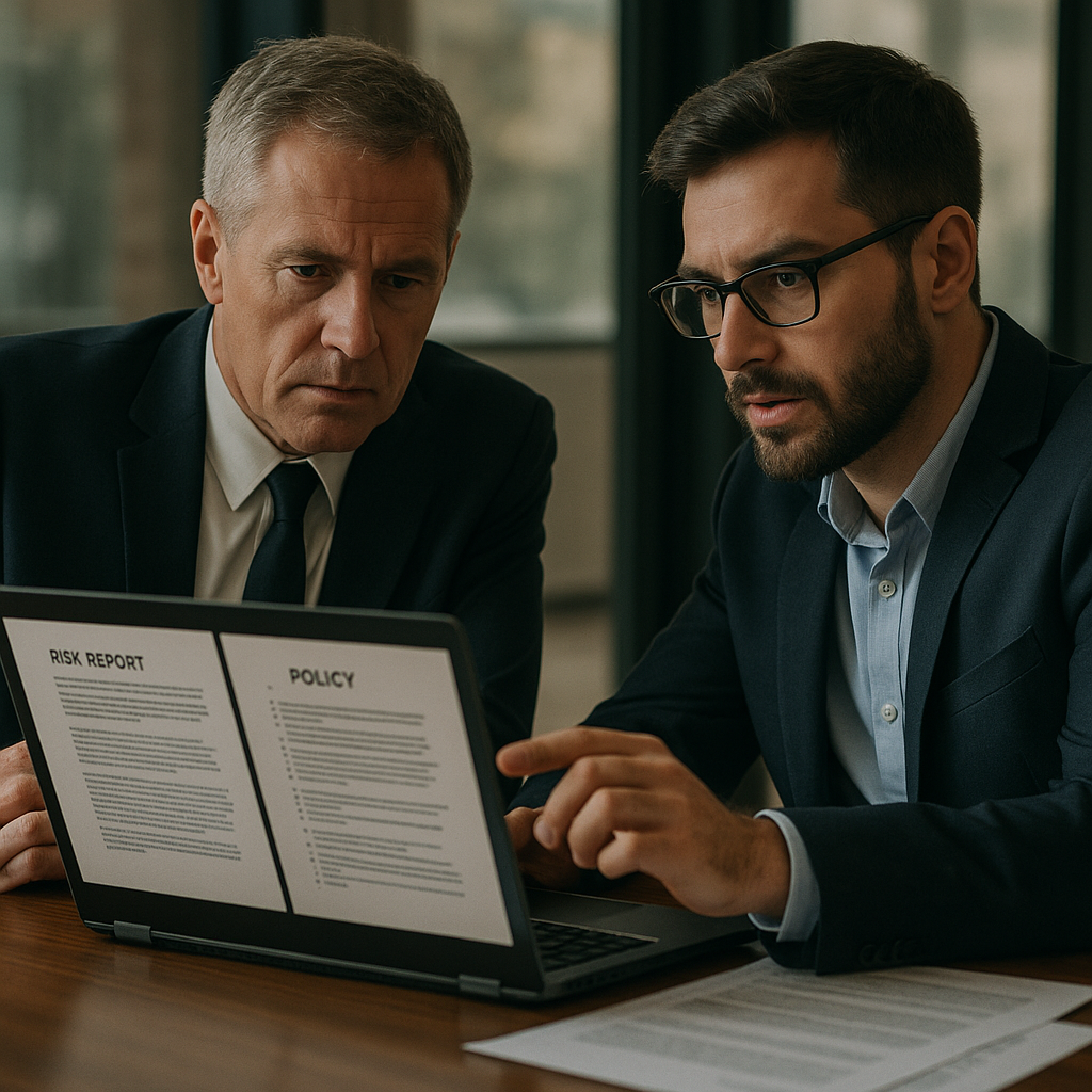Business leader and security specialist reviewing policies related to cyber insurance requirements