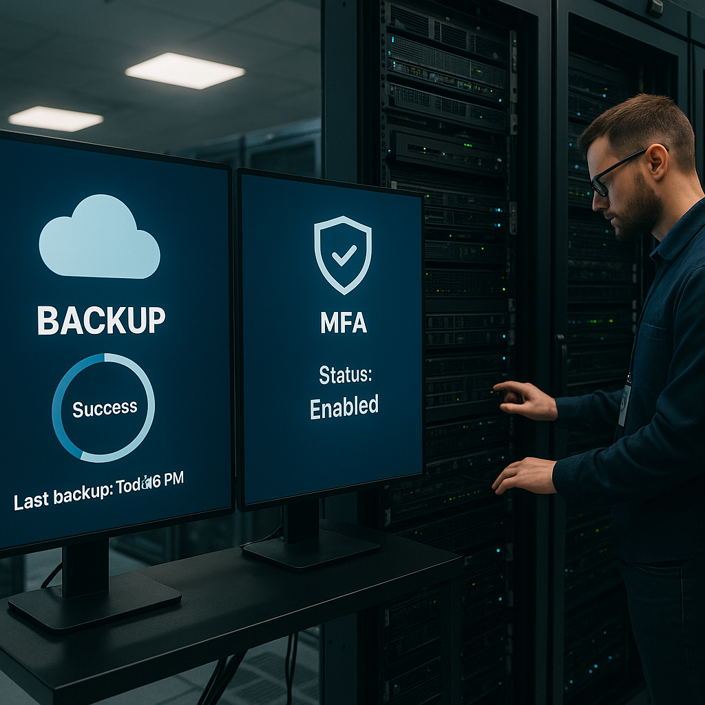 Technician checking servers and dashboards to comply with cyber insurance requirements