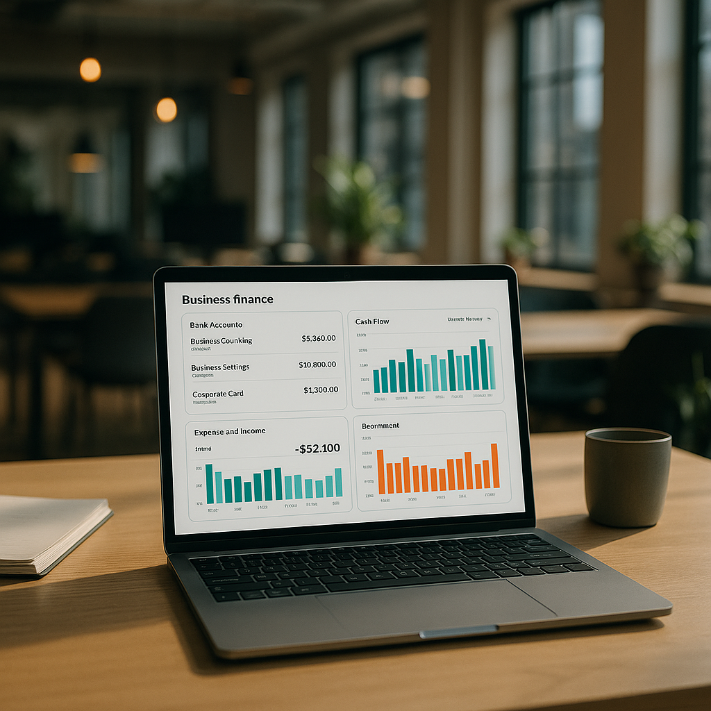 Laptop displaying a cashflow and accounting dashboard connected to open banking tools
