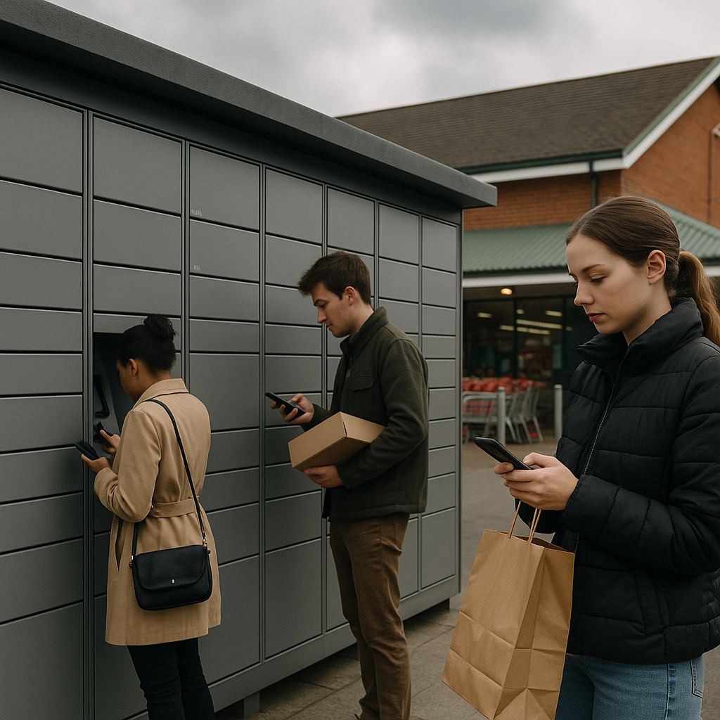 Outdoor lockers serving as parcel collection points at a UK supermarket