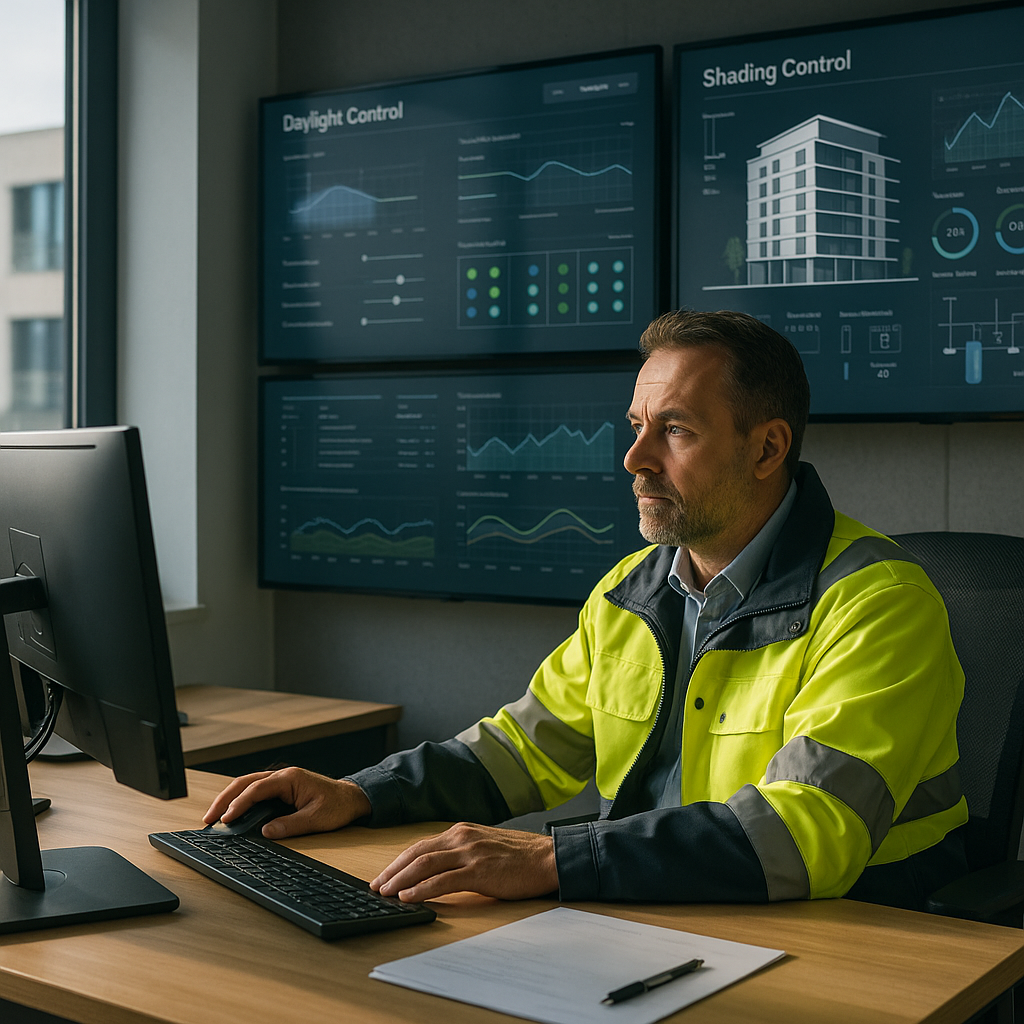 Facilities manager monitoring dynamic shading systems on building control screens