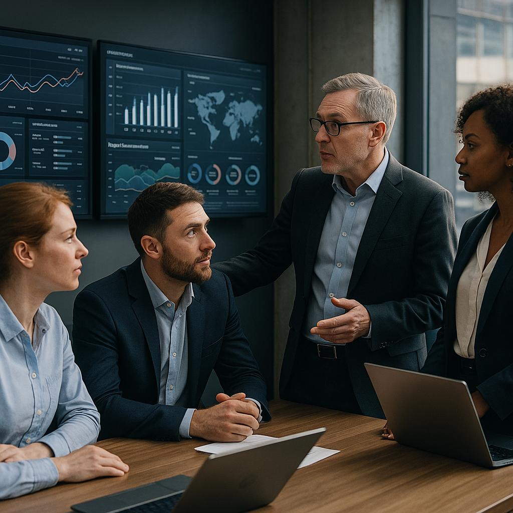 UK business team analysing data as part of UK tech reshaping traditional dealership models strategy