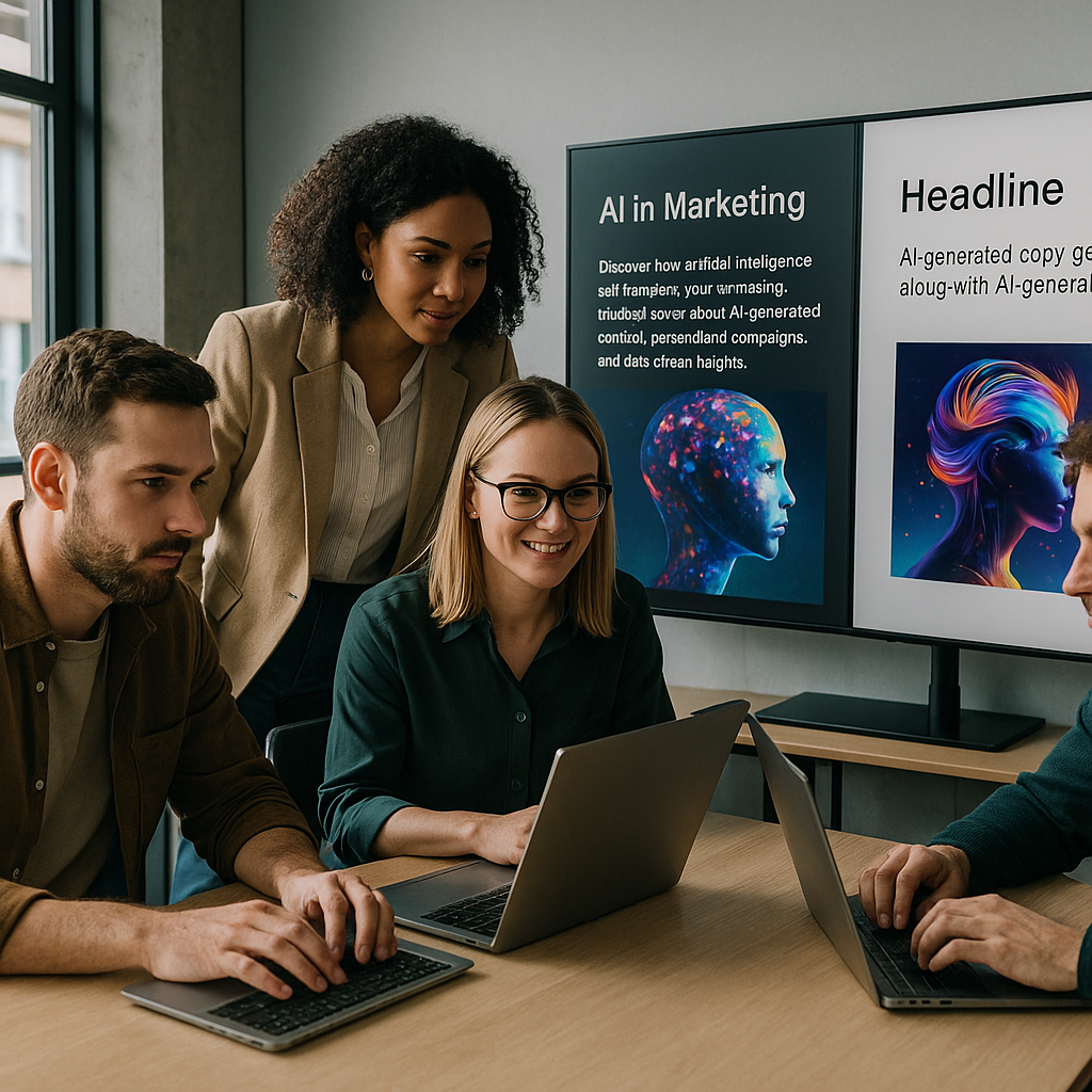 UK in-house marketing team collaborating with laptops and screens using generative AI in marketing