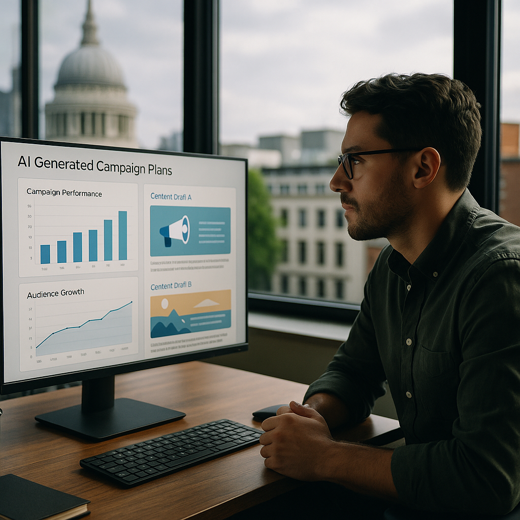 Digital marketer in a London office reviewing campaign ideas powered by generative AI in marketing