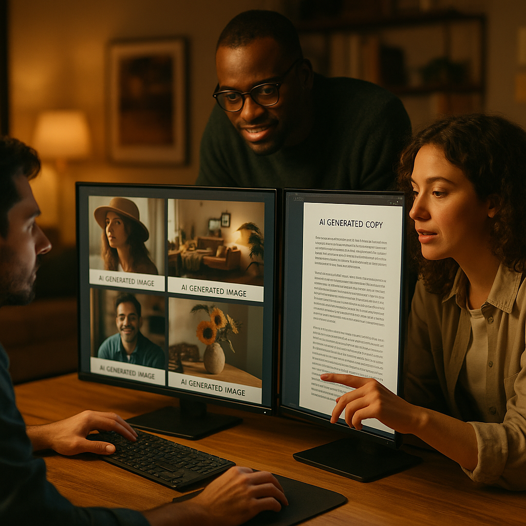 Creative team editing AI-generated visuals and copy as part of generative AI in marketing workflow