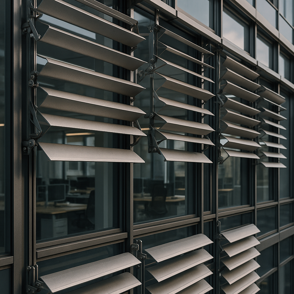 Close up of moving louvres on office building dynamic facades in the UK