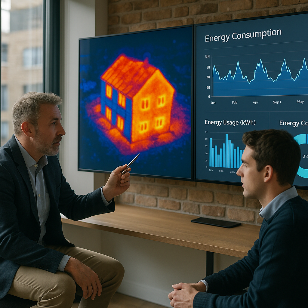 Energy consultants analysing building performance data for insulation and renewables upgrades