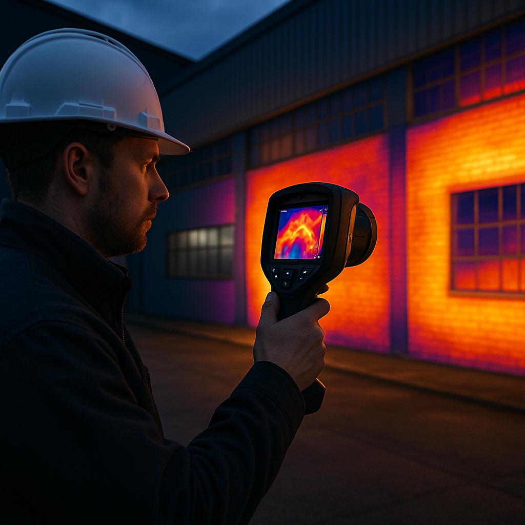 Technician performing thermal imaging survey to plan insulation and renewables improvements