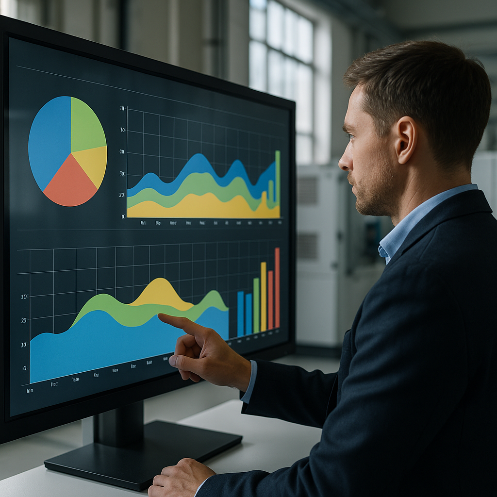 Business professional reviewing AI energy management data on a large touchscreen monitor in a control room