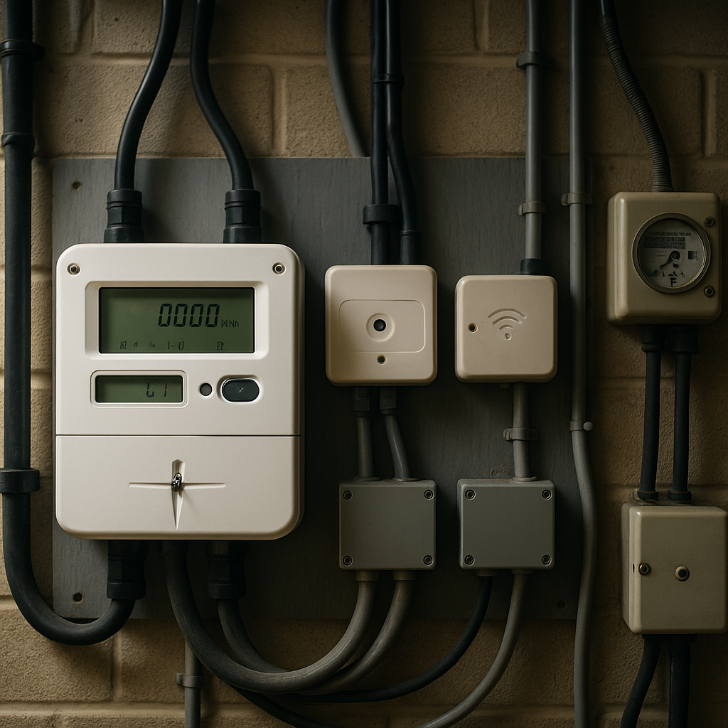 Smart meters and sensor equipment installed in a UK commercial building as part of an AI energy management system