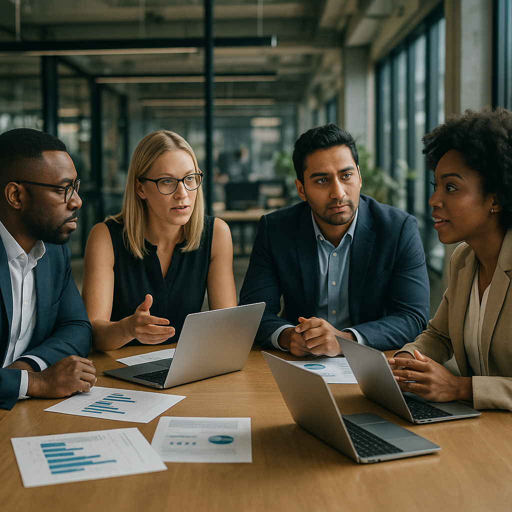 Finance team discussing corporate cash management strategy around a conference table