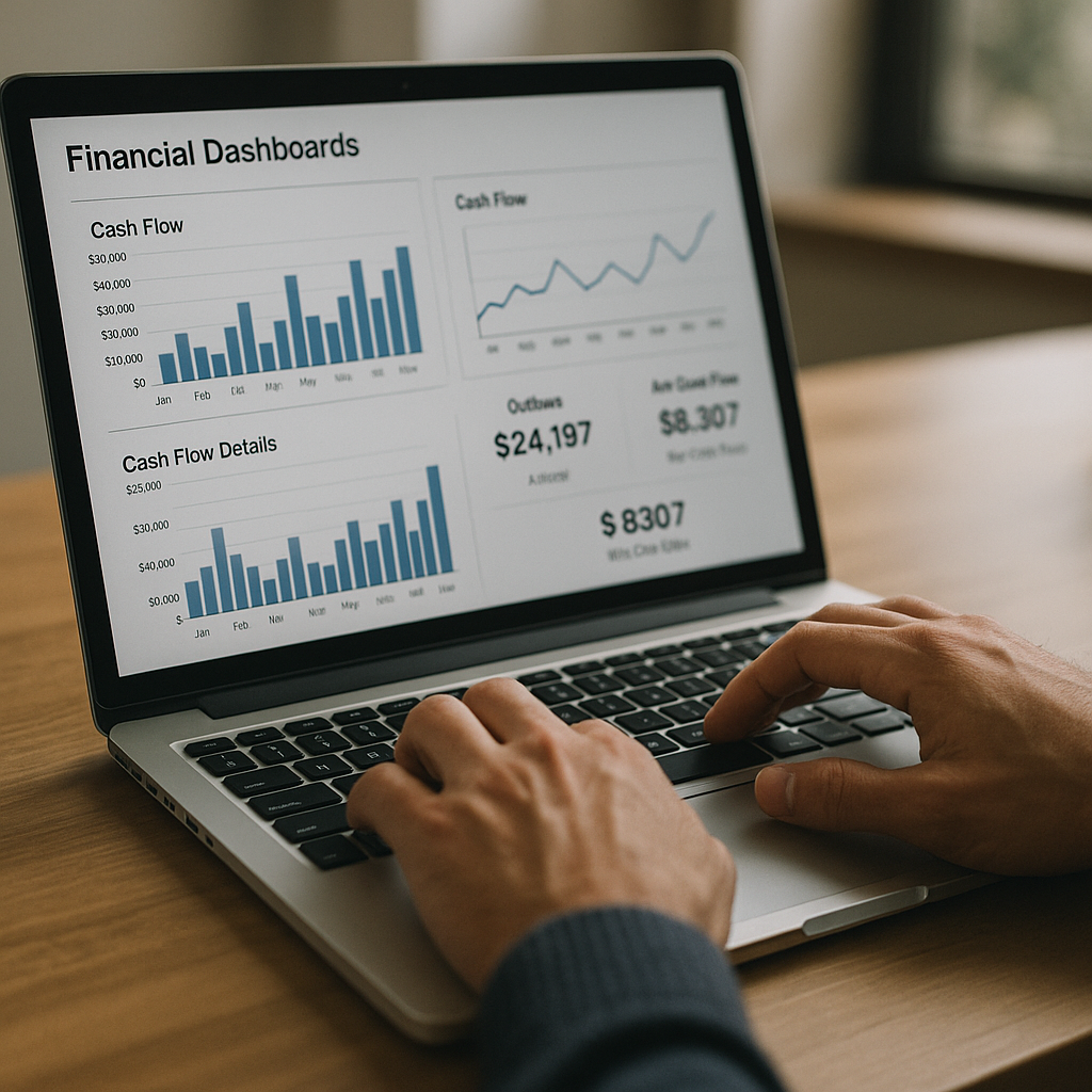 Close-up of hands working on a corporate cash management dashboard on a laptop