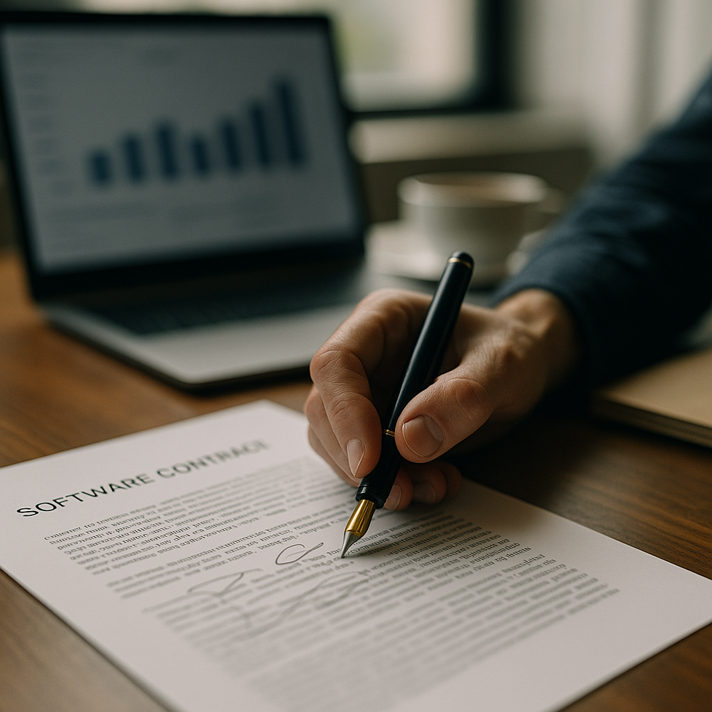 Business professional annotating a SaaS subscription model contract during a software pricing review