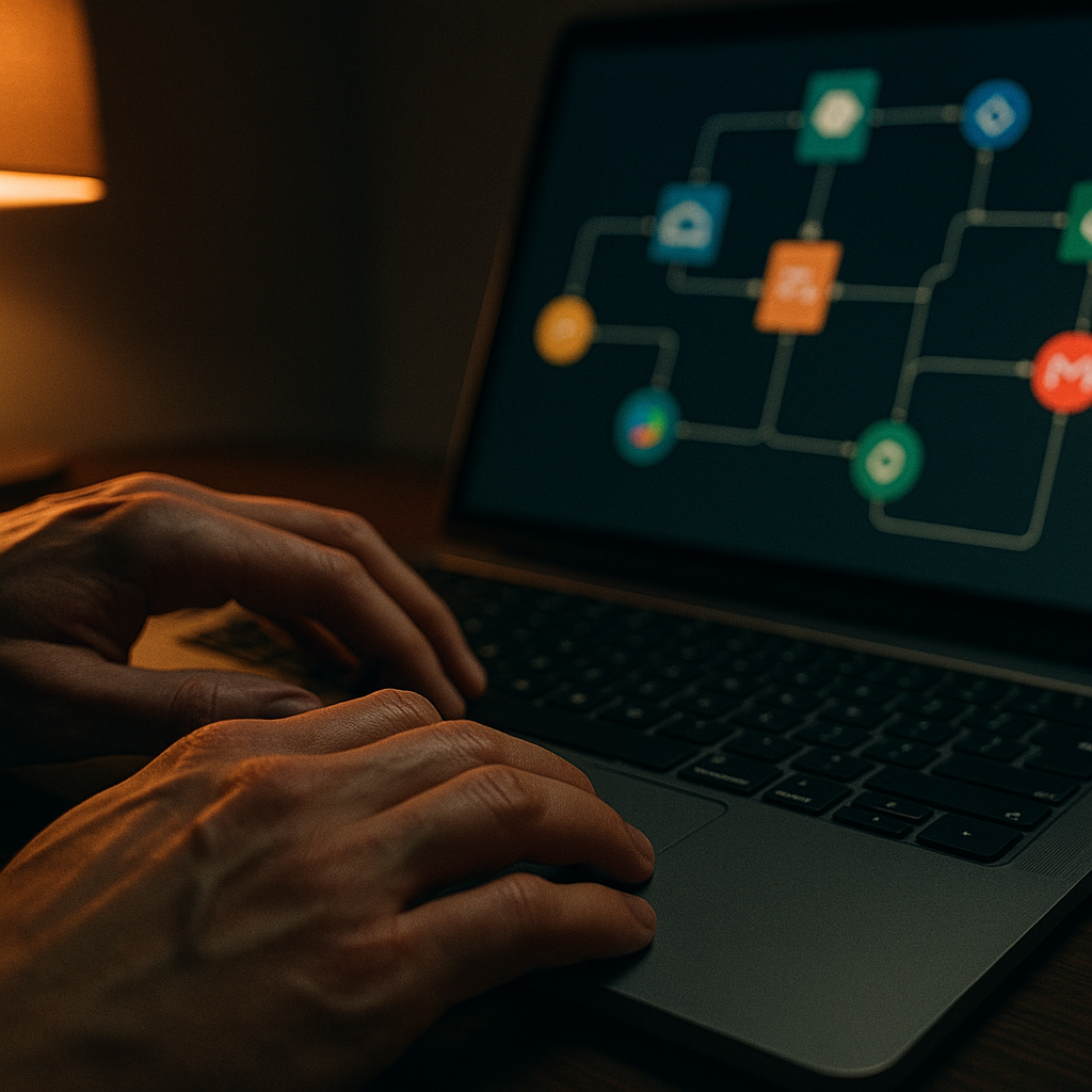 Close-up of hands setting up small business automation tools 2026 workflow on a laptop