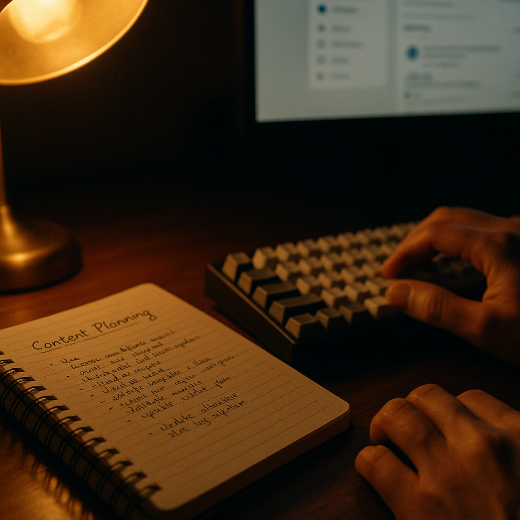 Content planning notes and keyboard for a B2B thought leadership content strategy session