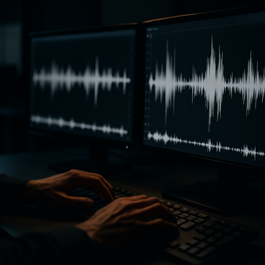 Cybersecurity analyst using audio forensics tools as part of deepfake fraud prevention for business
