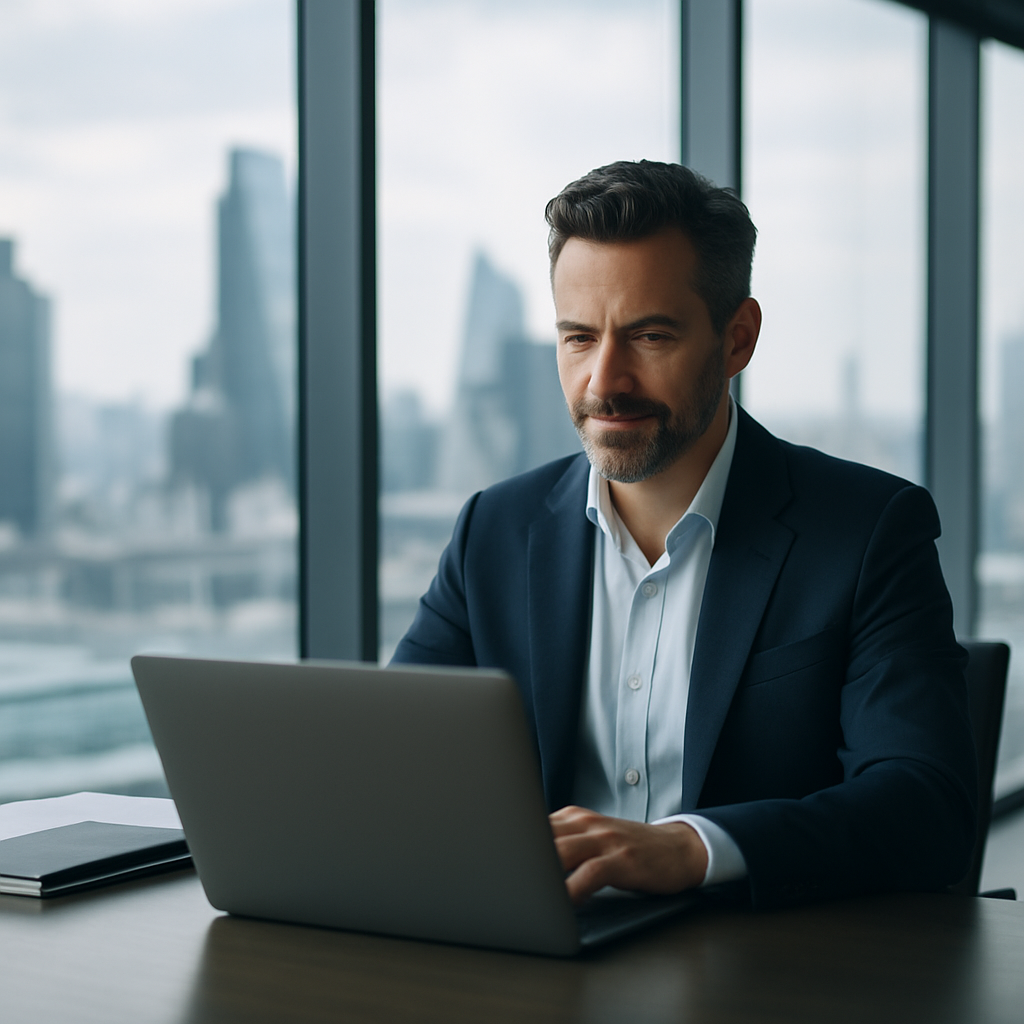Founder reviewing B2B thought leadership content strategy on laptop in modern London office