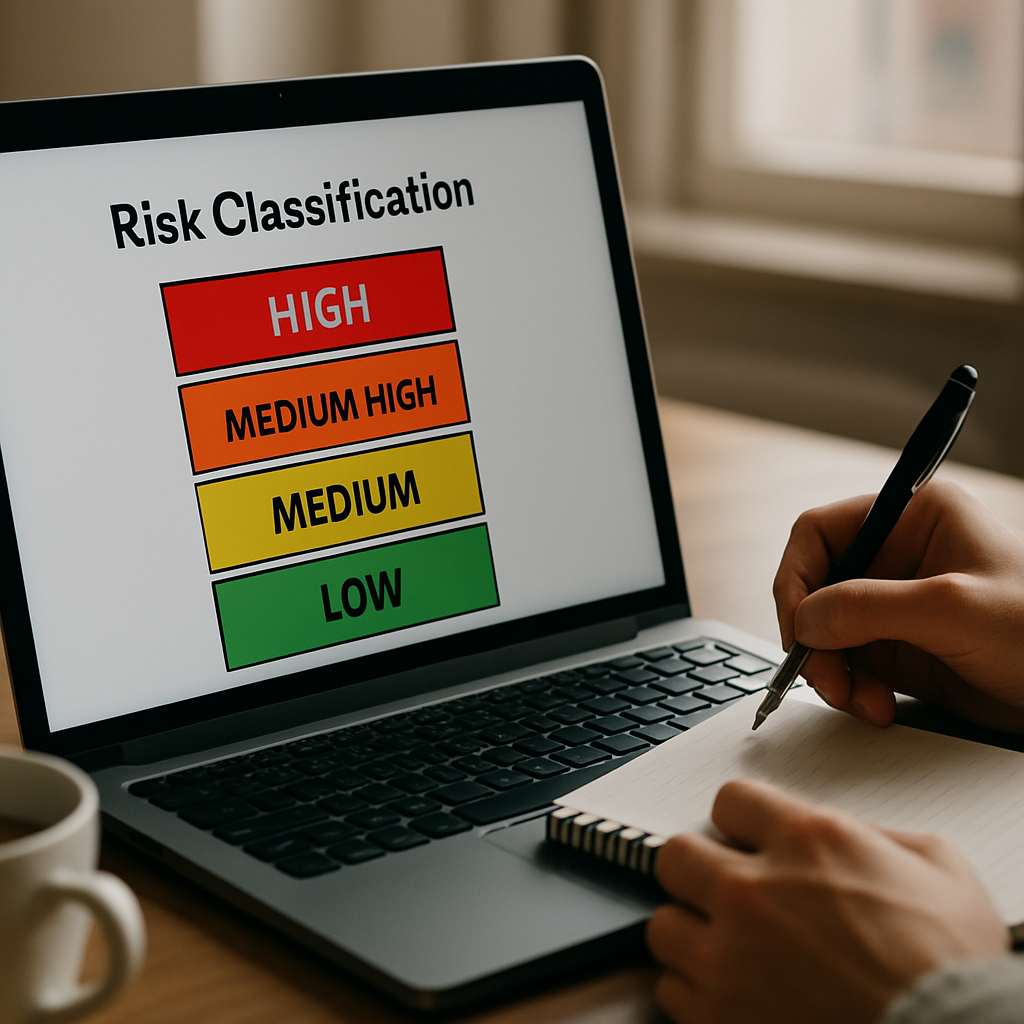 Risk classification framework used by EU AI Act UK businesses on a laptop screen