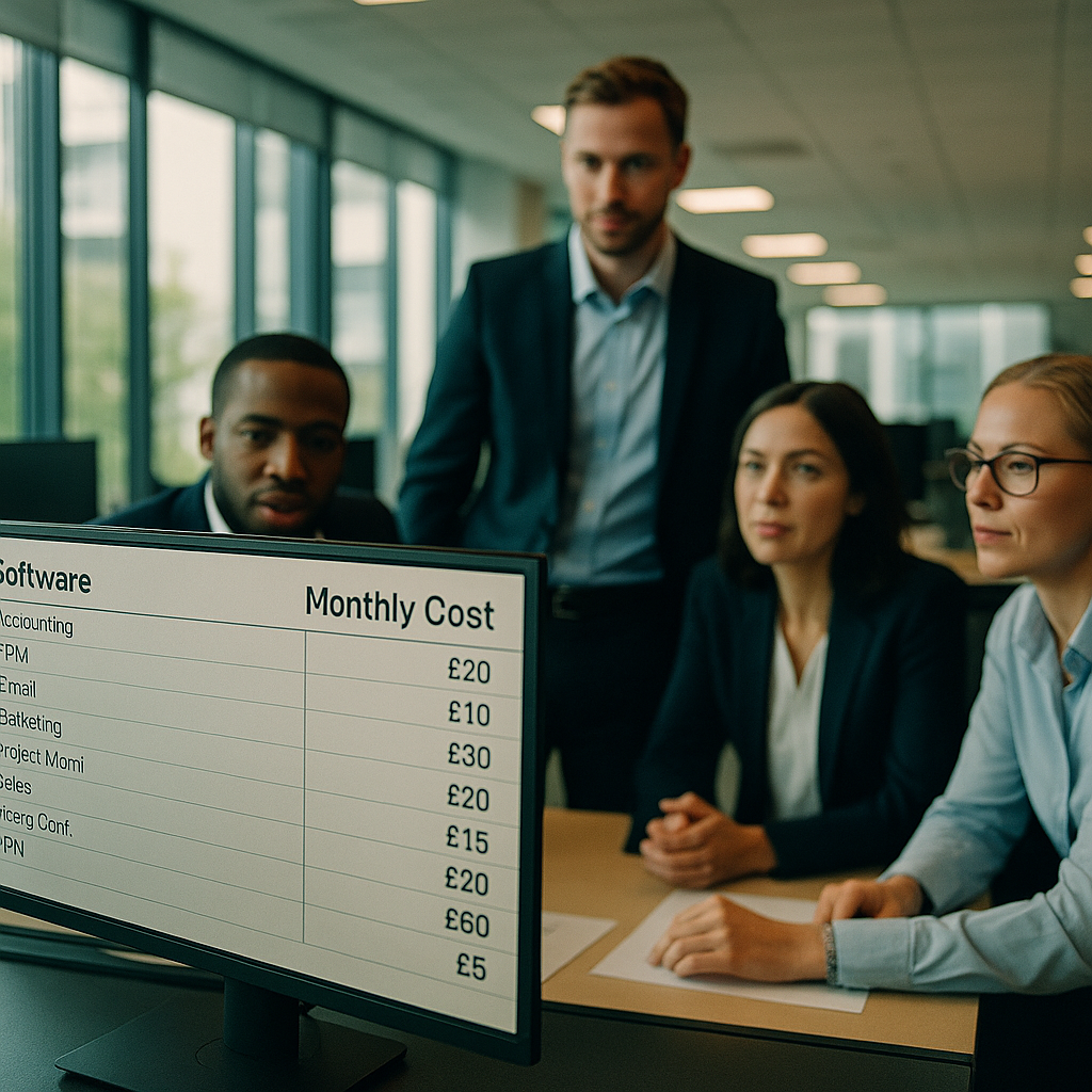 UK finance team reviewing SaaS consolidation 2026 software subscription costs on a monitor