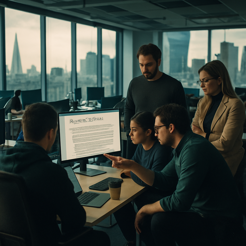 UK tech team reviewing EU AI Act compliance documentation in a modern London office