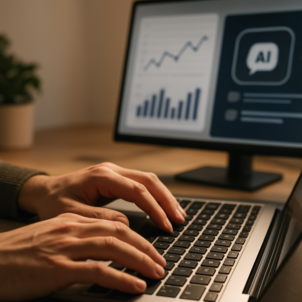 Close-up detail of AI tools for small business being used on a laptop with data charts in background