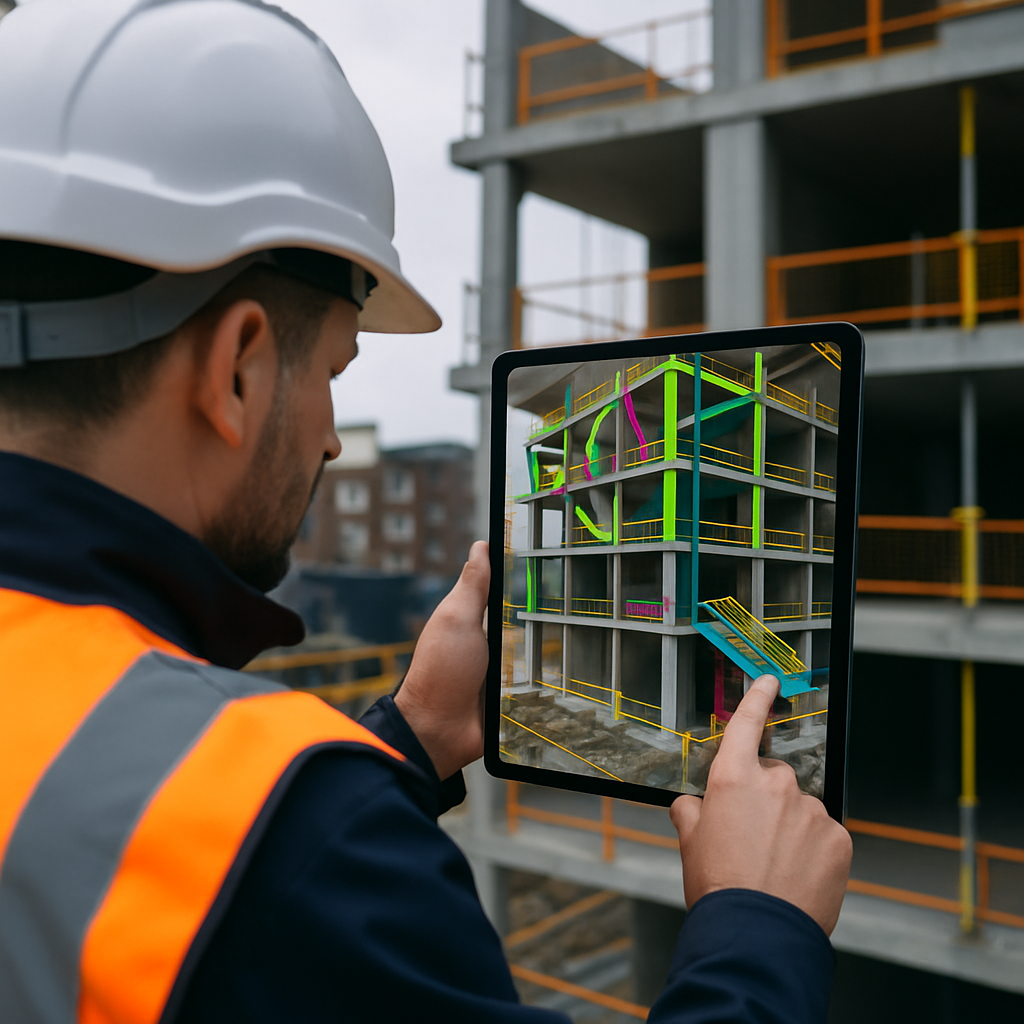 Construction professional using spatial computing technology to review building information model on UK site
