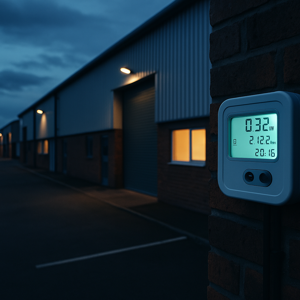 Smart electricity meter on a UK industrial building representing the smart meter data UK business opportunity
