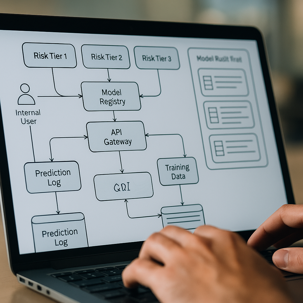 Developer reviewing EU AI Act compliance documentation and model risk tier architecture on a laptop