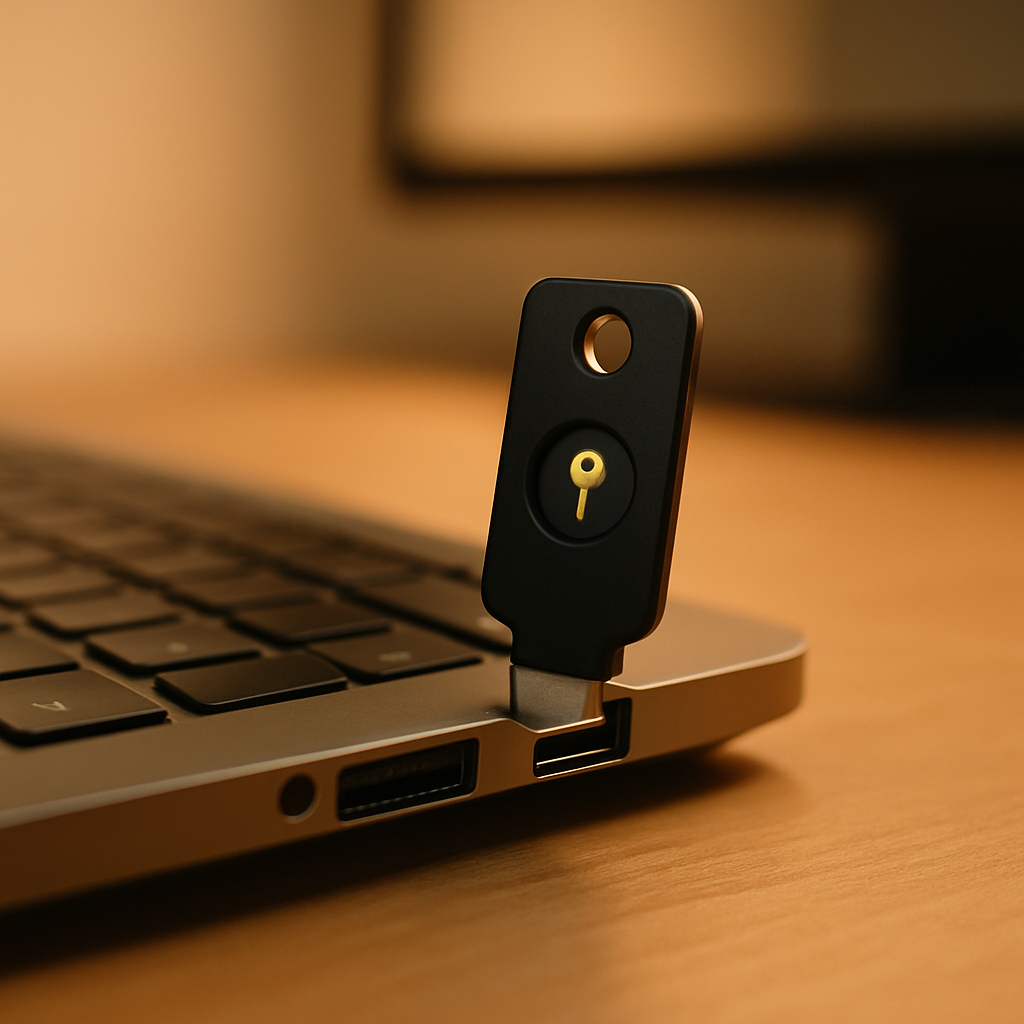 FIDO2 hardware security key used for passkeys business security UK implementation