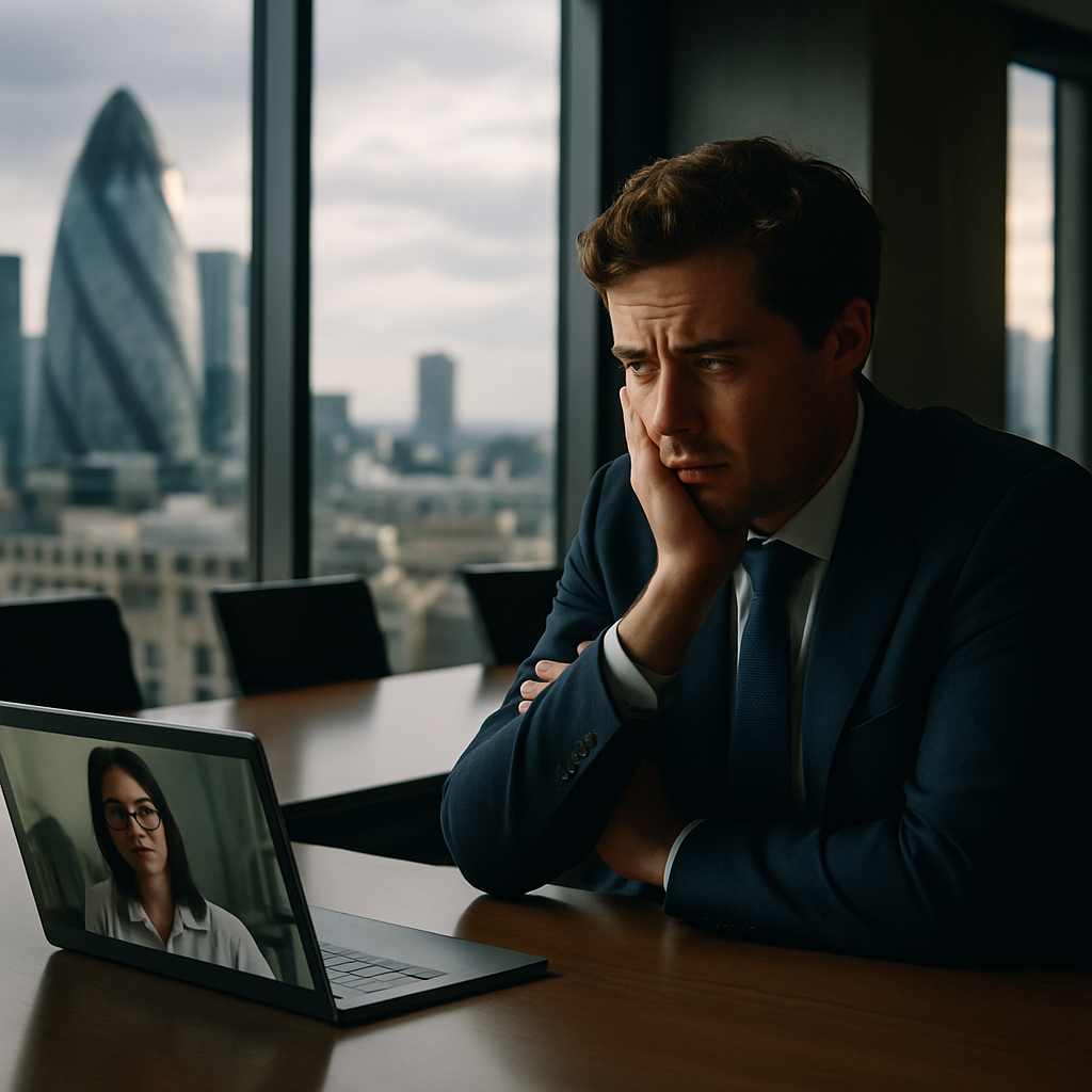 Finance employee uncertain during a video call illustrating the deepfake cybersecurity business threat