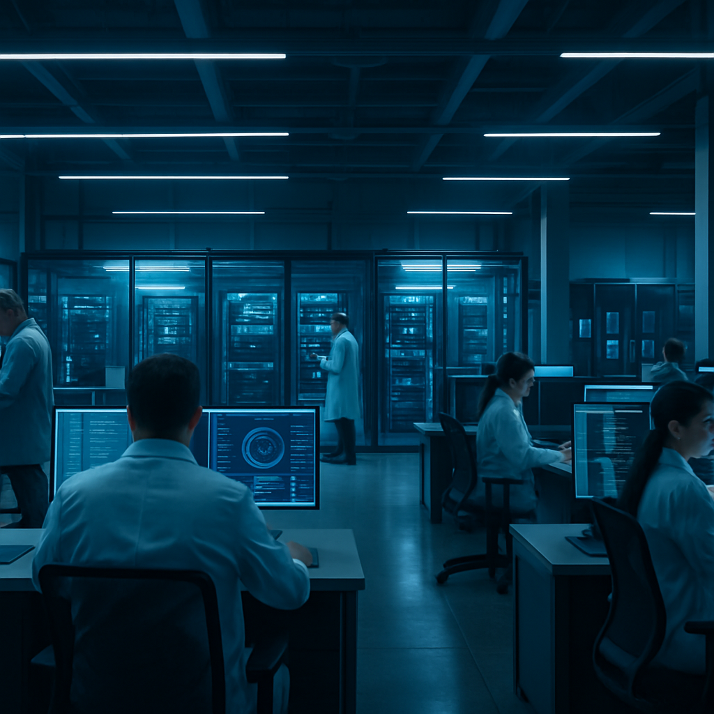 Researchers working on quantum computing in business at a UK technology facility