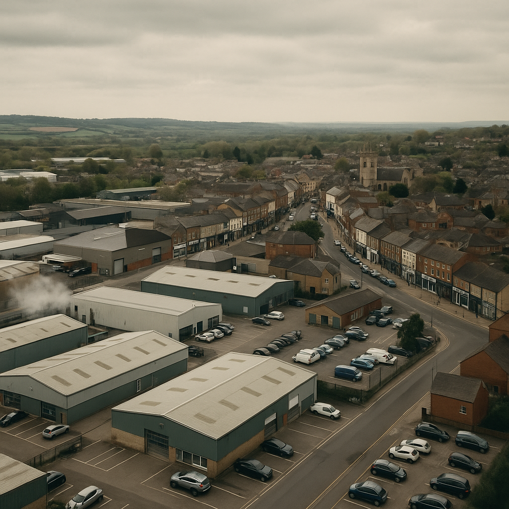 Semi-rural UK market town with mixed commercial premises illustrating the UK gigabit broadband coverage gap