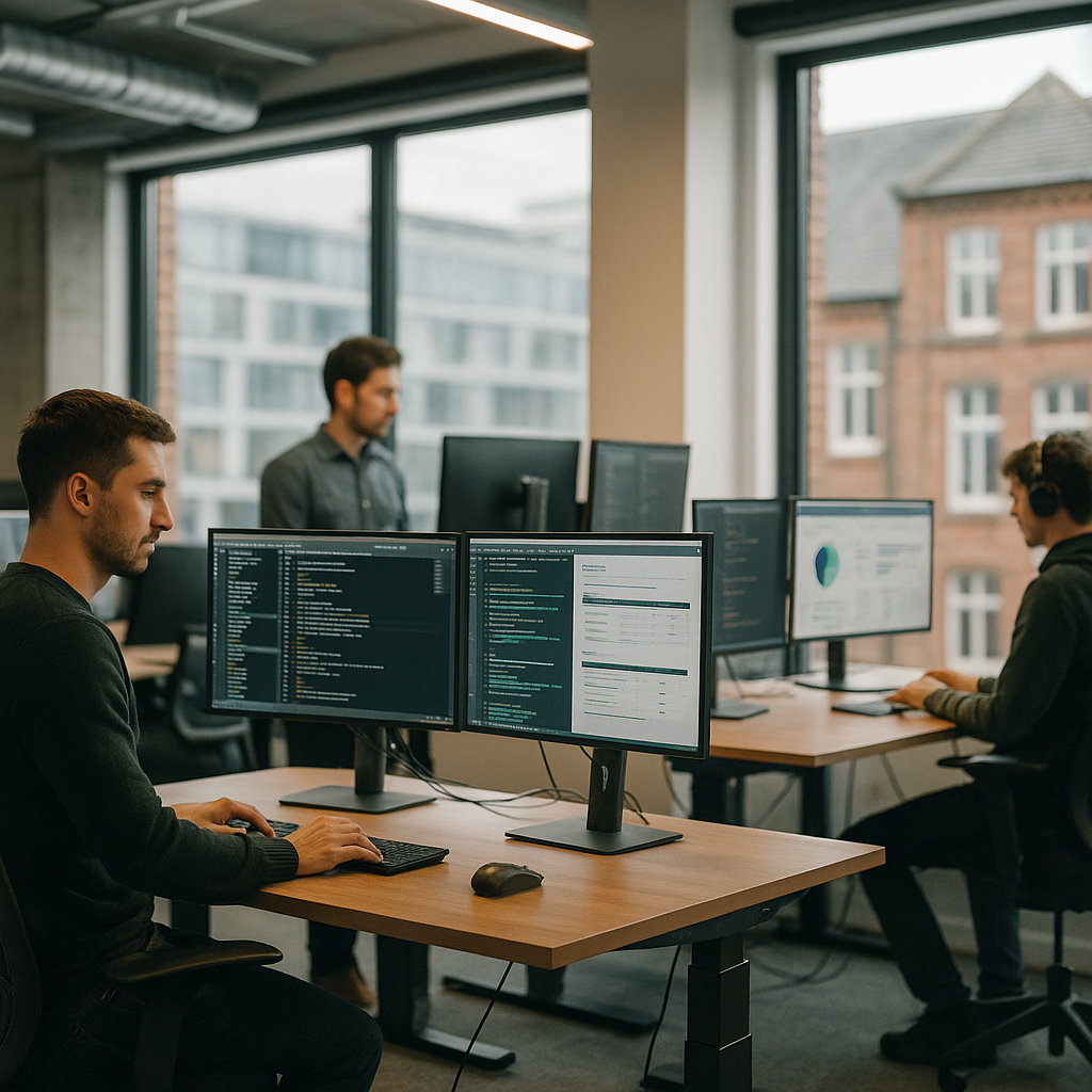 Software developers working on EU AI Act compliance tech companies requirements in a modern UK office