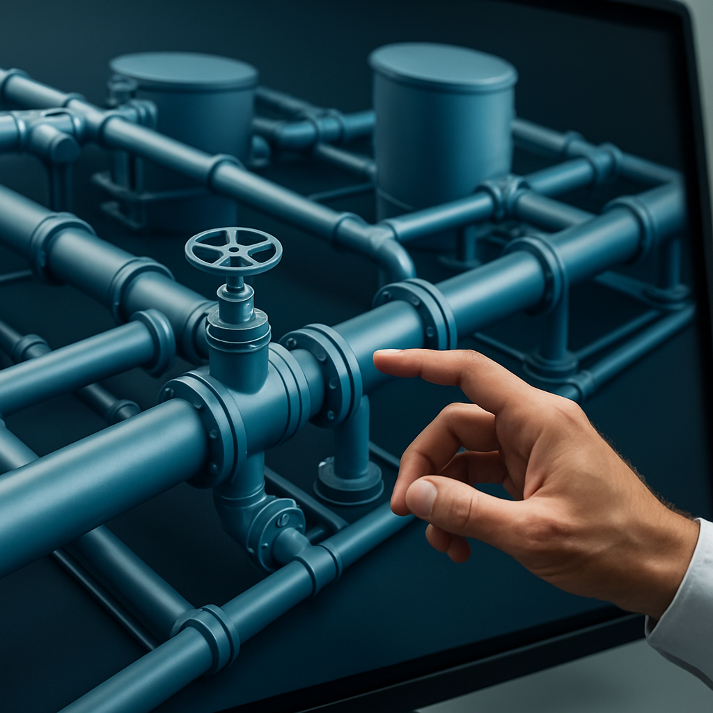 Technician interacting with a digital twin technology model of industrial infrastructure on a touchscreen
