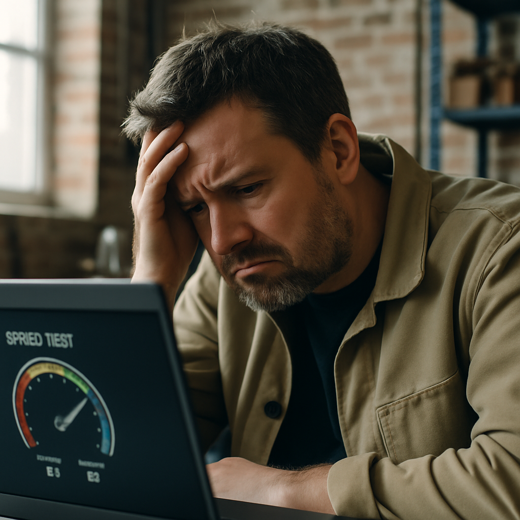 UK small business owner checking broadband speeds on a laptop, highlighting UK gigabit broadband access issues