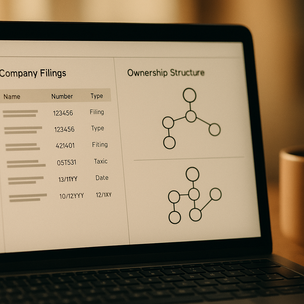 Close-up of laptop screen displaying Companies House data and corporate ownership network visualisation
