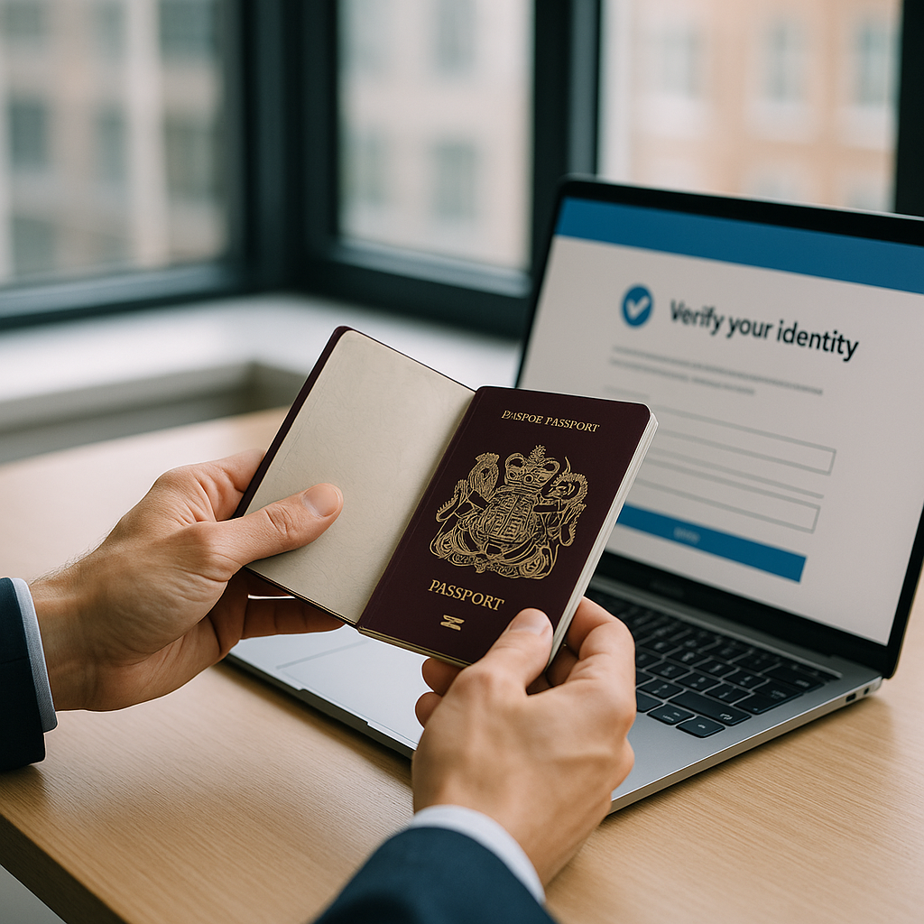 Identity verification for Companies House reform with passport and laptop in UK office