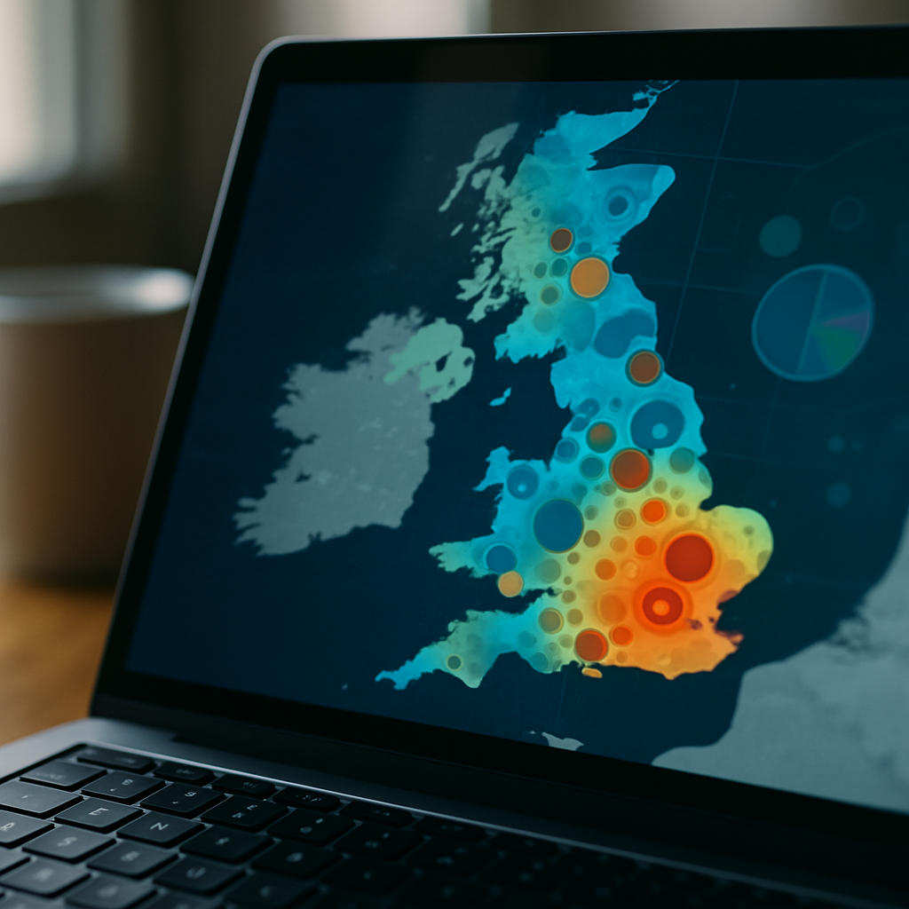 Laptop displaying UK regional data heatmap as part of an ONS public data business strategy