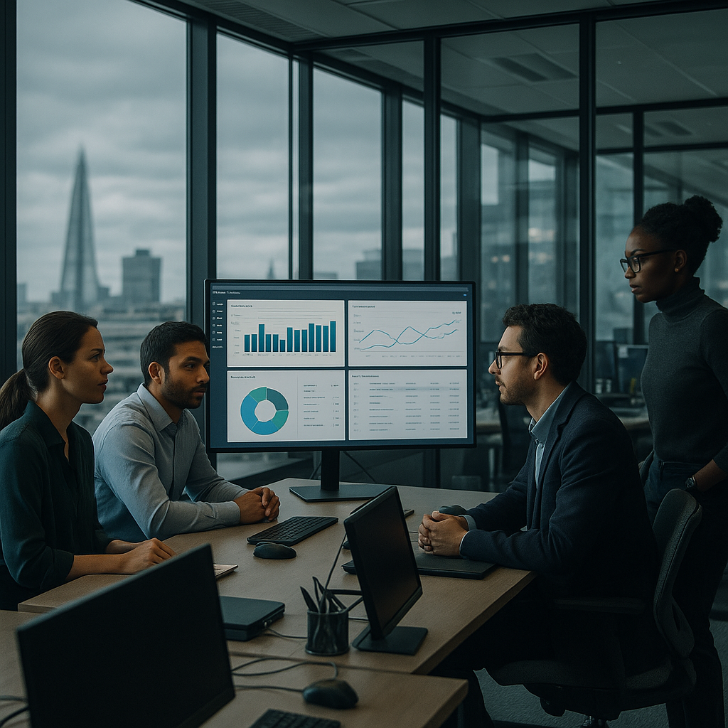London office team reviewing UK-built SaaS software procurement options on a large screen